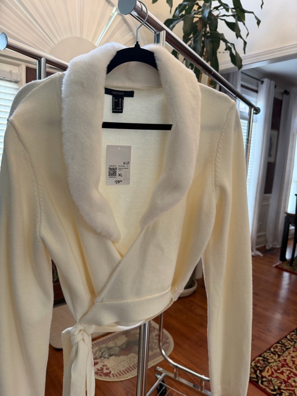 Forever 21 Cream Faux-Fur Collar Wrap Cardigan